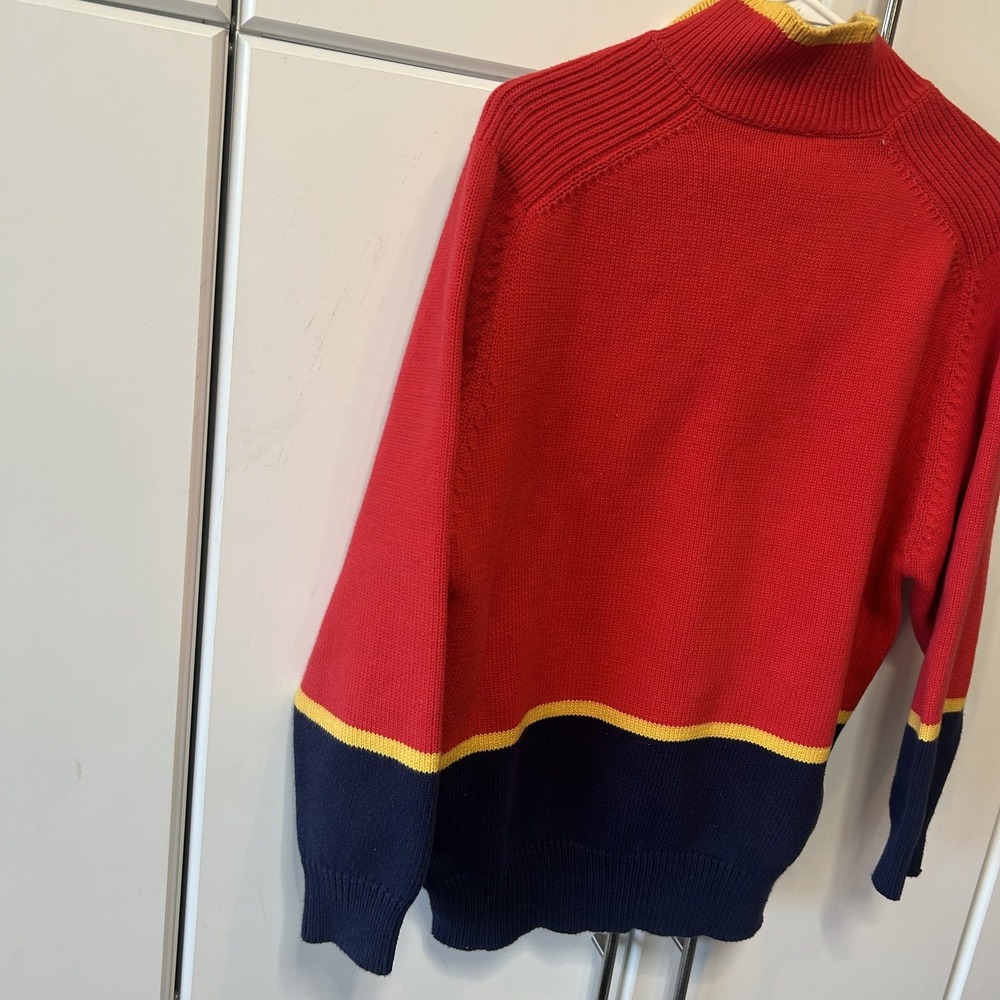Anne Cole Collection Vintage Ski Sweater Red Navy Yellow 1/4 Zip Cotton Large - Picture 11 of 13